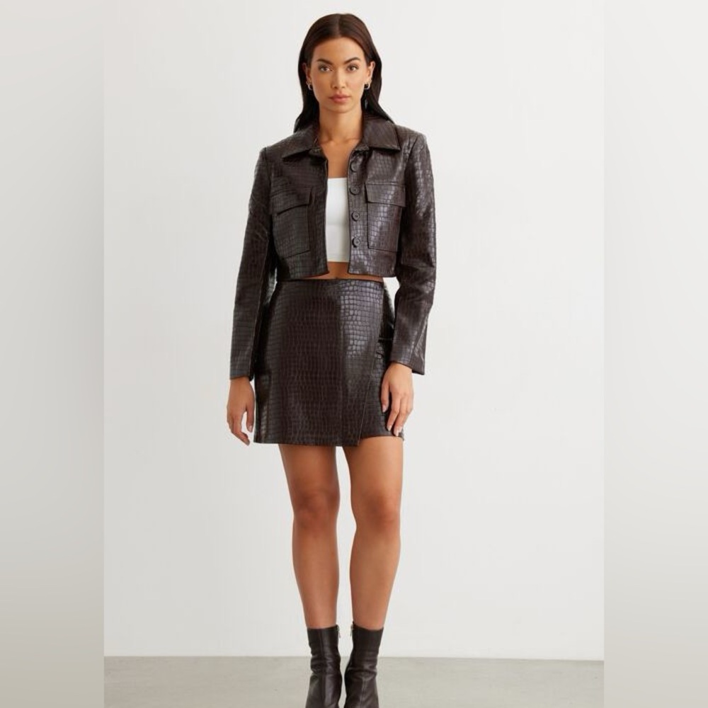 Dynamite Dark Brown Faux Crocodile Blazer and Skirt Matching Set